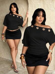 Rustia Plus Size Women's Asymmetrical Shoulder Casual Top With Eyelet Neckline, Ruched Waist, Comfortable For Spring And Summer - Black - View 1