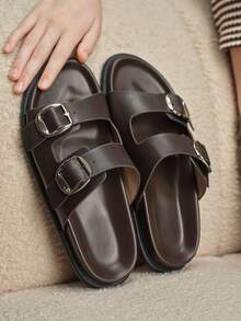 Solecia Sandal Slip-On Wanita Terbaru dengan Hiasan Stud, Nyaman dan Serbaguna untuk Pakaian Kasual. - Coffee Brown - View 1