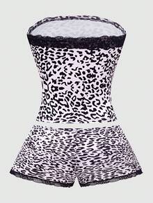 Zyxie Plus Size Leopard Print Lace Trim Bandeau Top & Shorts 2 Pieces Set - Pink - View 7