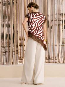 Arave Women's Brown Zebra Print Satin Fabric Elegant Solid Color Lace Patchwork Asymmetric Hem Blouse, Date Dinner, Summer Outfits, Summer Tops - Brown - View 6