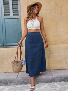 SHEIN CURVE+ CURVE+ Plus Size High Stretch Denim Maxi Skirt, Casual Everyday & Streetwear Skirts For Women Jean Skirt - Dark Wash - View 4