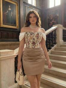 SHEIN MOD Plus Size Deep Champagne Color Patchwork Jacquard Strapless Bodycon Dress, Spring/Summer Vacation Dress, Holiday Party Outfit, Early Autumn Outfit, Gathering, Birthday Party, Vintage Court Style, Luxurious Romantic - Multicolor - View 7