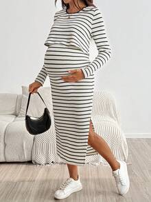 SHEIN Maternity Striped Side Slit Nursing Dress - Black and White - View 3