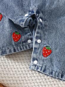 SHEIN 2件組女嬰可愛草莓刺繡圍兜褲 柔軟棉質 藍色 夏季親子套裝 - 粉色 - 查看 7
