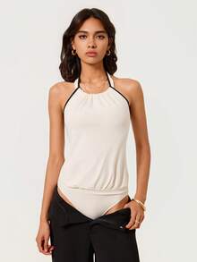 SHEIN BASICS Damen Sommer Lässig Rückenfrei Neckholder Bodysuit - Weiss - Übersicht 5