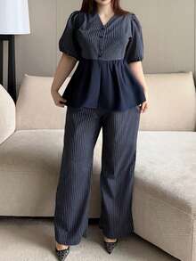 Dazy Plus Fashionable Striped V-Neck Loose Lantern Sleeve Pullover Top And Loose Long Casual Pants Plus Size Women Spring Autumn 2-Piece Set - Navy Blue - View 8