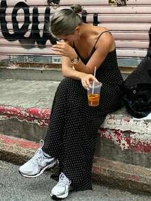Dazy Tall 女款夏季休閒波點蕾絲拼接長肩帶洋裝，適合高個女性 - 黑與白 - 查看 2