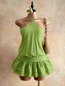 Zolique Women's Solid Color Pleated Halter Neck Casual Tropical Sexy Party Vacation Beach Travel Dress Lime Green Summer - Green - View 2