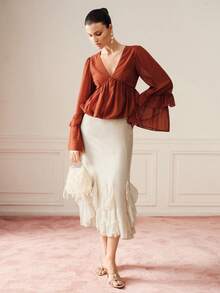 BELROSIE Romantic Elegant Floral Bud Hem V-Neck Semi-Sheer Chiffon Ruffle Bell Sleeve Blouse Tea Party Rusty Orange Autumn - Brown - View 2