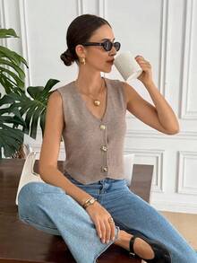 Serisse Casual Versatile Solid Color Knit Vest - Khaki - View 1