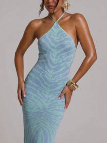 MUSERA Vestido Maxi Ajustado de Punto con Cuello Halter para Verano, Vacaciones, Playa, Club, Sexy, Casual, Festival, Ibiza, Elegante, Obsidiana - Azul - Ver 5