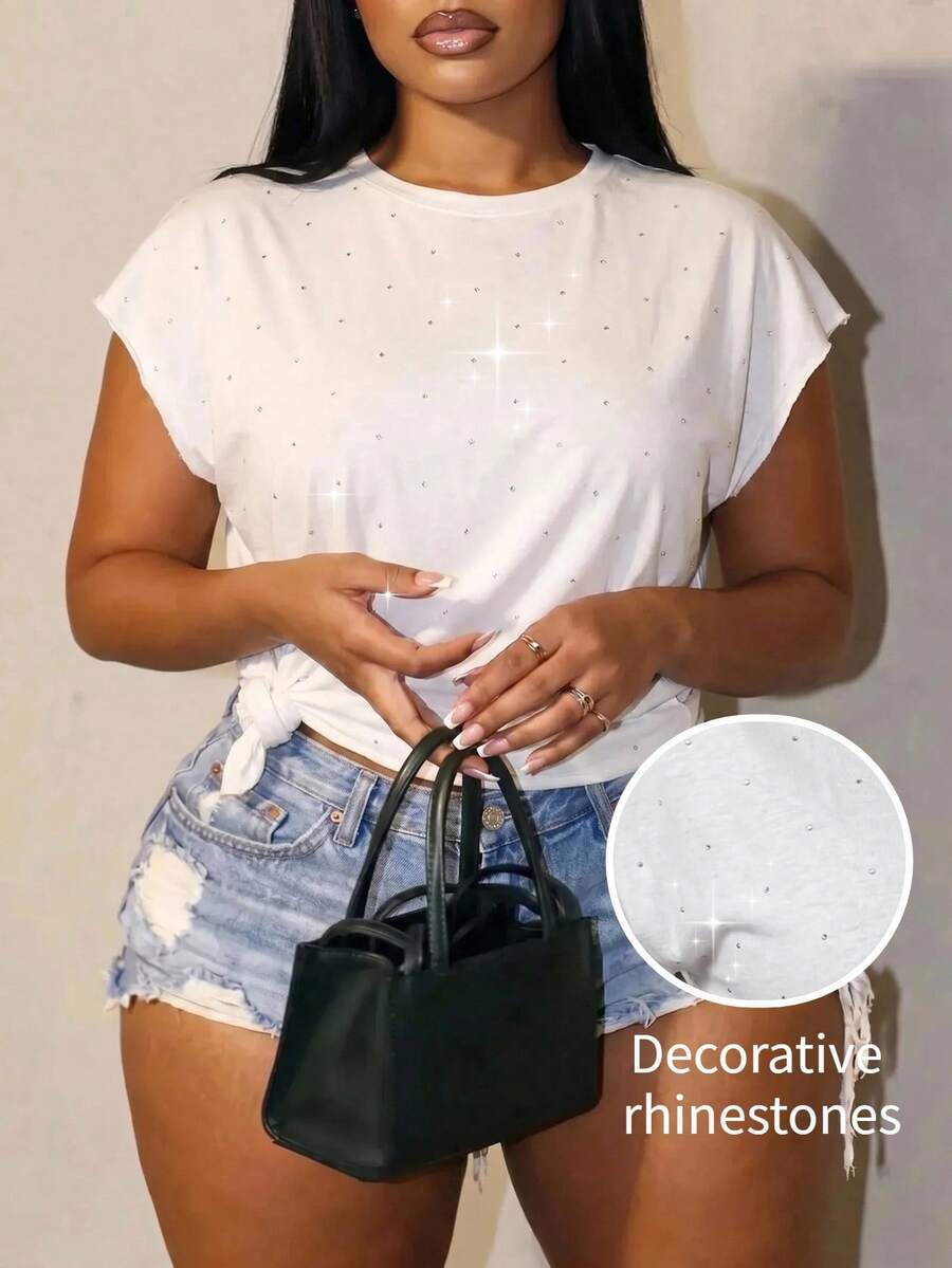 Slaydiva Camiseta casual de verano con decoración de strass para tallas grandes