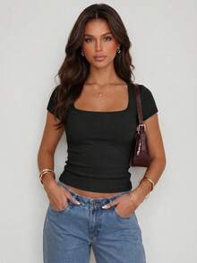 Women's 3-Packs Basic Square Neck Ribbed Short Sleeve Fitted Tee - Grey - View 3