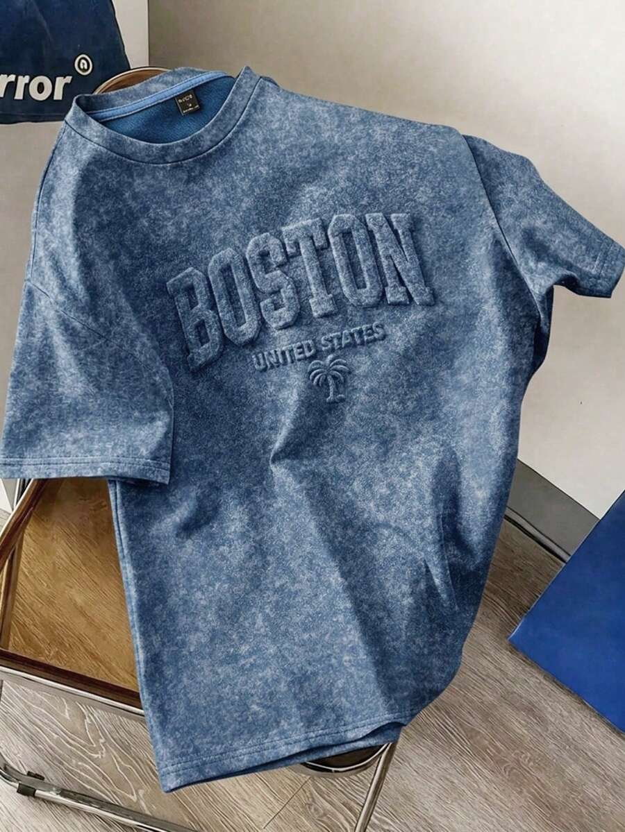 Daypath Men's Blue 60% Cotton Washed Short Sleeve T-Shirt, 3D Boston Letter Design - Blue - View 1