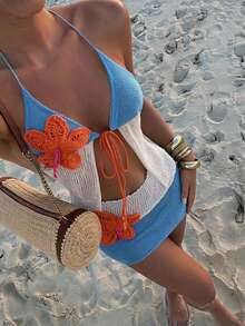 Ure Wave 女款度假風熱帶掛脖上衣與迷你裙兩件套，海灘藍白橘色花卉夏季款 - 藍色 - 查看 1