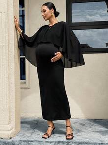 MaterniWear Maternity Solid Color Fashion Ruched Wrap Dress Photoshoot Black Autumn Fall Elegant Wedding - Black - View 5