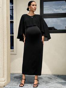 MaterniWear Maternity Solid Color Fashion Ruched Wrap Dress Photoshoot Black Autumn Fall Elegant Wedding - Black - View 7