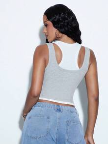 Denimoi Layered Scoop Neck Tank Top Fashion Everyday Wear Fashionable Streetwear Sexy Night Out Grey White Summer - Grey - View 3