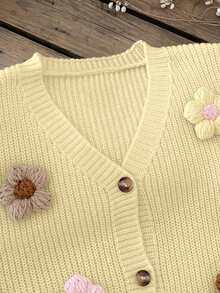 SHEIN Vintaside Kids 甜美可愛 3D 淡黃色花卉 秋冬女童開襟針織衫 畢業季/告別學校款 - 黃色 - 查看 4