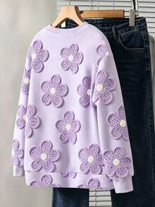 SHEIN 紫色圓領女童運動衫，3D花卉圖案印花，適合外出、日常百搭百搭，適合秋冬穿著，個性甜美 - 彩色 - 查看 2