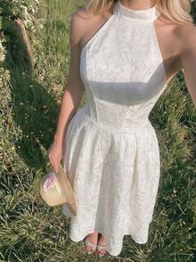 Swim Mod Vintage 3D Embossed Floral V-Neck Sleeveless Flared Dress,Elegant White Summer Civil Wedding Bride Prom Reception Wedding Party Dress For Women - White - View 4