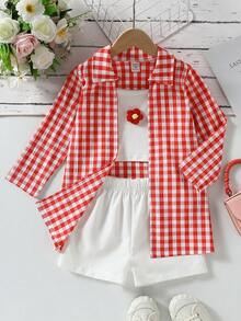 Young Girl Plaid Long Sleeve Single-Breasted Shirt, 3D Floral Decor Camisole And Shorts Casual Set - Red - View 5