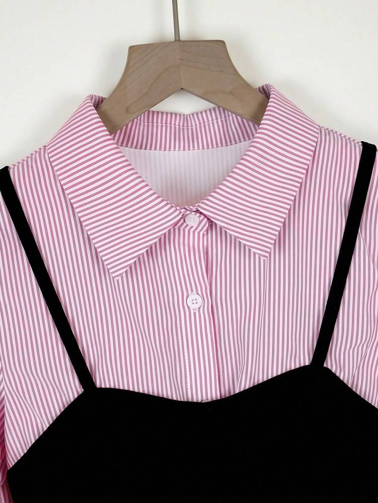 GlowEve CURVE Plus Size Colorblock 2 In 1 Flared Waist Short Sleeve Elegant Casual Women's Top - Pink - View 3