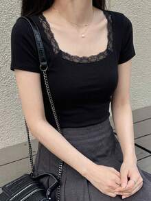 Dazy Tall 女款高個子長袖圓點蕾絲拼接休閒T恤，適合高個子女孩 - 黑色 - 查看 6