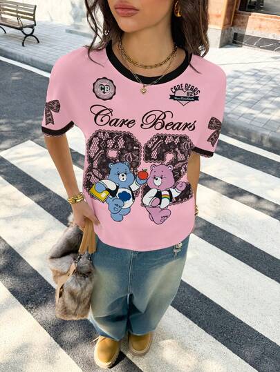 SHEIN X Care Bears Dames Casual T-shirt met Korte Mouwen en Letter Cartoon Beer Print