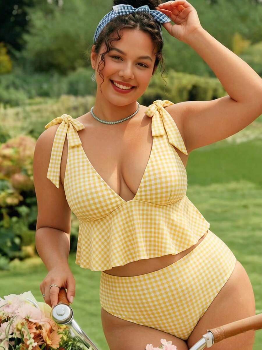 Swim Mod Plus Size 2026 Spring/Summer Hot New Fresh Digital Print Sexy Bikini Two Pieces Swimwear With Removable Chest Pads, Hollow Back Design, Cute Bowknot, Wide Straps, Under-Bust Coverage, Slimming Ruffle Style, Traditional High-Waist Triangle Bottoms, Casual Fashion Vacation Style Beach Swimwear