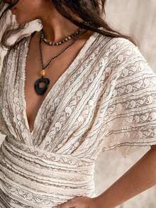 Nubod Plus Size Sexy French Lace Ruched Waist T-Shirt - White - View 2