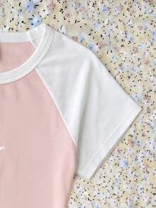 SHEIN 青少年女孩短袖拼接撞色星星印花彈性修身T恤 - 粉色 - 查看 6