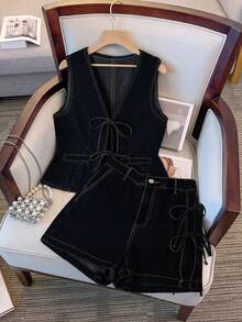 EMERY ROSE Plus Size Women's Spring/Summer Washed Front Tie Waist Denim Vest Top - Black - View 5