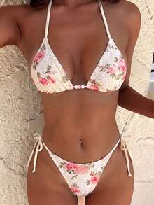 Swim Vcay Women's Elegant Low Rise Tropical White Lace Printed Halter Neck Triangle Top, Tie Side Bottom Swimsuit Set, Summer, Casual, Beach Vacation, Holiday - Multicolor - View 4