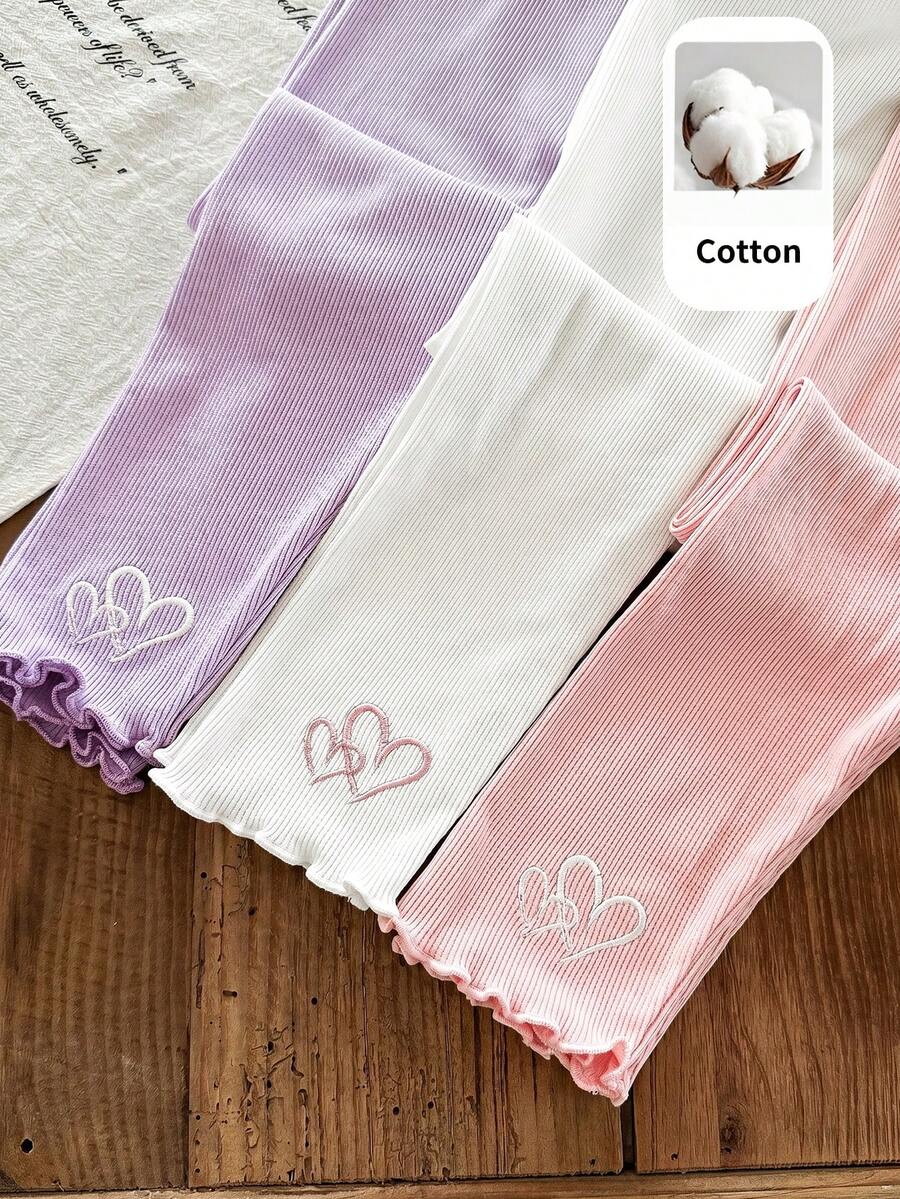 SHEIN 女童小女孩休閒針織純色愛心刺繡圖案鬆緊腰長褲 3件組 - 彩色 - 查看 1
