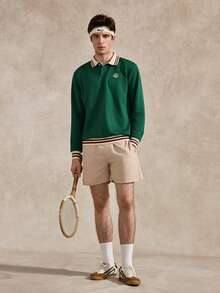 Courvante Tennis 男士深綠色休閒長袖 Polo 運動衫，對比飾邊領口，適合秋季、畢業季，運動風 90 年代風格 - 綠色 - 查看 2
