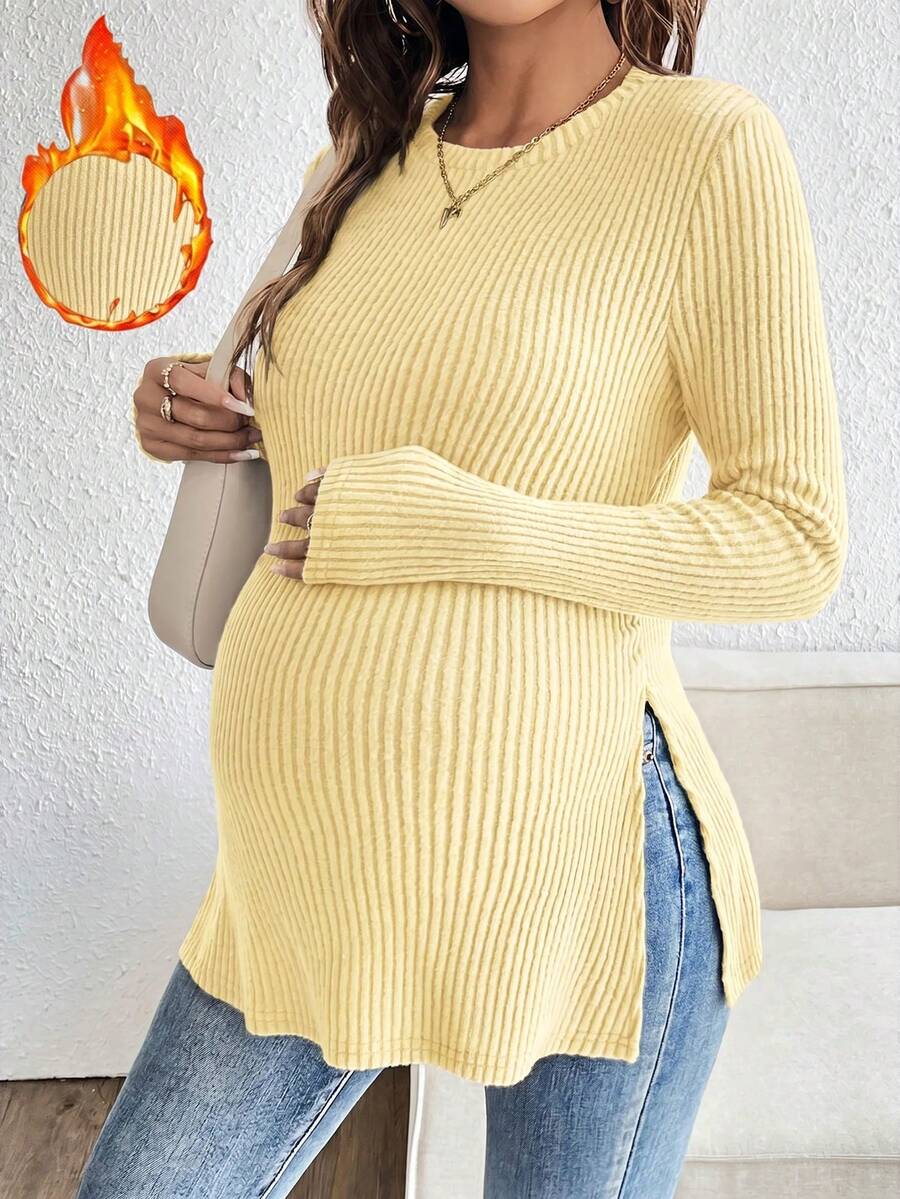 SHEIN 孕婦休閒百搭純色側開衩T恤 - 杏色 - 查看 1