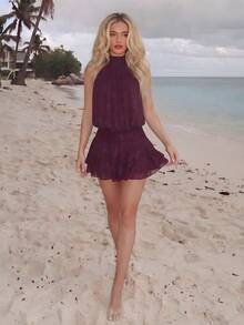 Turnttoni Women's Purple-Red Halter Neck Ruffle Hem Mini Dress, Purple-Red Dress Party Elegant Summer - Purple - View 1