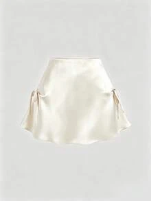 Sweetra Women's Satin Fabric Skirt With Bow Decoration On Both Sides, Umbrella Hem And Zipper - Apricot - View 1