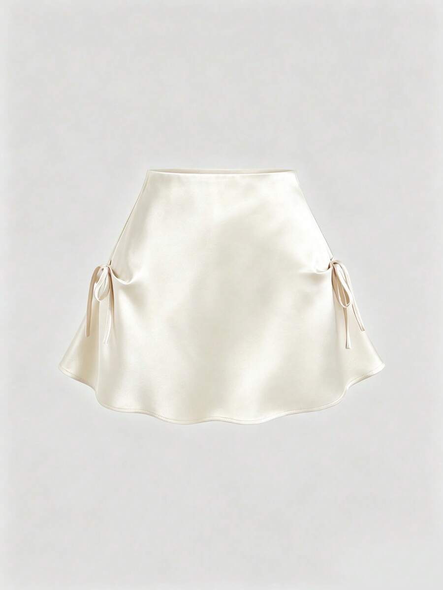 Sweetra Women's Satin Fabric Skirt With Bow Decoration On Both Sides, Umbrella Hem And Zipper - Apricot - View 1