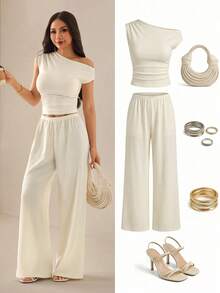 SHEIN PETITE Women's Spring/Summer Elegant Modest Casual Off-White Open Shoulder Top And Pants Two Pieces Set Vacation Petite - Apricot - View 5
