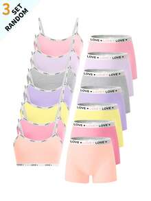 7 Sets Aleatorios de 3 Piezas Conjunto de Camiseta de Tirantes con Letras en Contraste de unicolor Básico Simple & Conjunto de Ropa Interior de Shorts para Niñas Adolescentes - Multicolor - Ver 3
