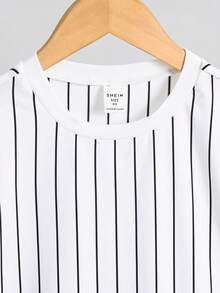SHEIN 兒童男童 2件組休閒條紋圖案T恤短褲套裝，適合上學、通勤、日常休閒穿著、運動，春夏季 - 彩色 - 查看 4