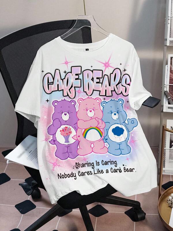 SHEIN X Care Bears Plus Size Women's Letter Print Crew Neck Short Sleeve Casual T-Shirt