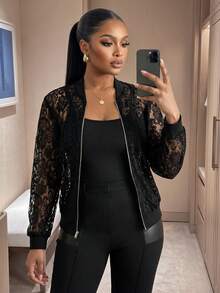 SHEIN Lady CURVE 大尺碼優雅素色透視蕾絲外套 - 黑色 - 查看 7
