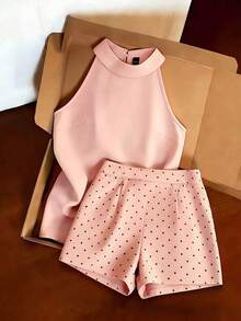SHEIN EZwear Grey Halter Neck Sleeveless Top & Polka Dot Shorts 2-Piece Set, Minimalist Elegant Commuter Slimming Casual Outfit For Shopping, Dating And Beach Vacation - Pink - View 2
