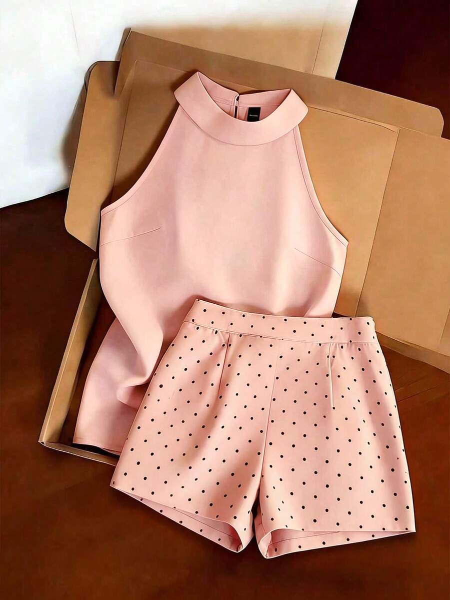 SHEIN EZwear Grey Halter Neck Sleeveless Top & Polka Dot Shorts 2-Piece Set, Minimalist Elegant Commuter Slimming Casual Outfit For Shopping, Dating And Beach Vacation