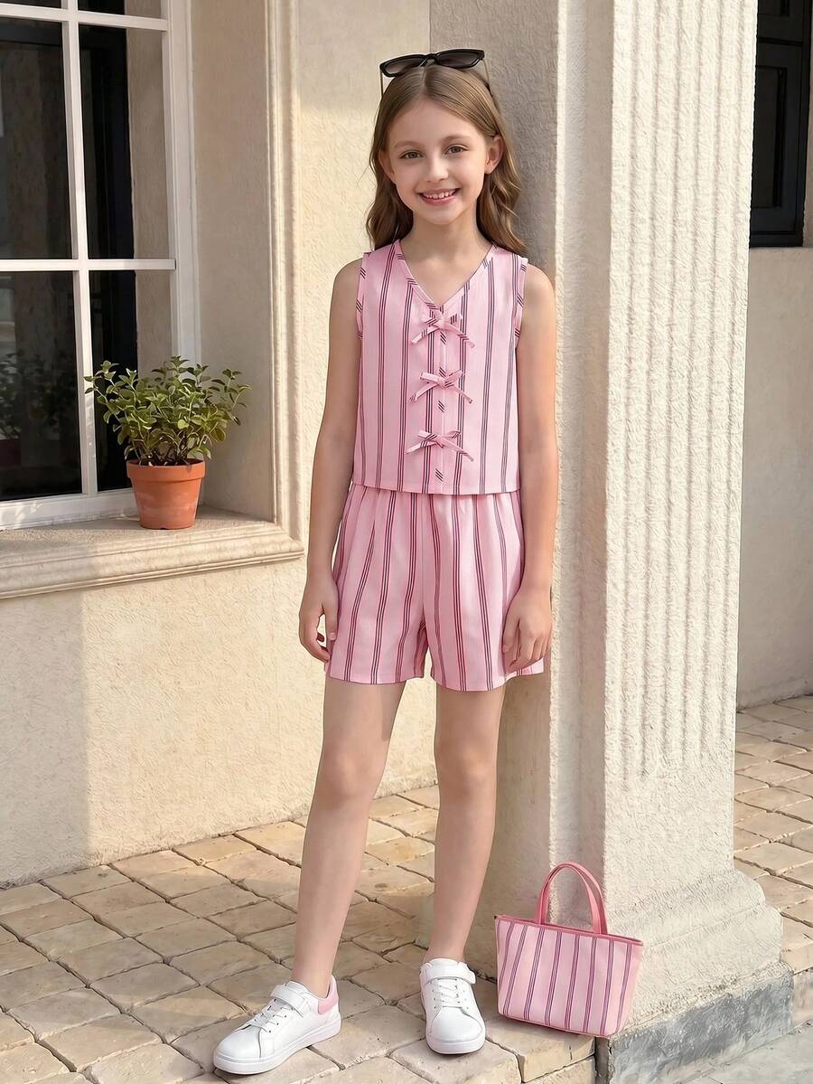 SHEIN Casuvi Kids 2件套 少女无袖条纹编织背心,蝴蝶结装饰,松紧腰宽松休闲短裤,夏季 - 粉色 - 查看 1
