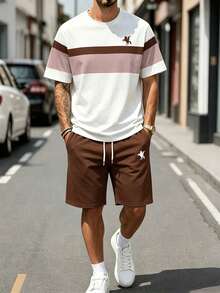 Sorvial Men's Minimalist Striped Print T-Shirt And Shorts Set - Brown - View 7