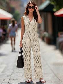 Editum Women's Black White Polka Dot V-Neck Ruched Waist Sleeveless Jumpsuit Brunch Summer French Elegant - Apricot - View 4
